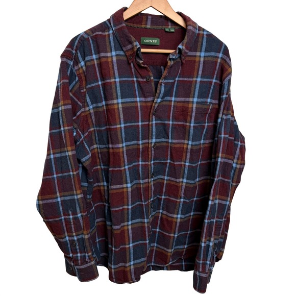Orvis Other - Orvis‎ Mens Plaid Flannel Shirt Button Down XL Burgundy Blue Rugged Rustic Work